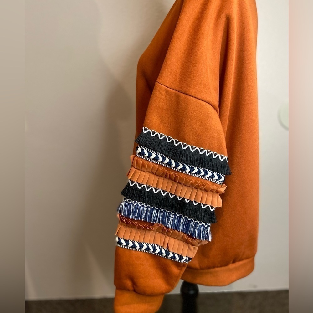 AndTheWhy~Boho Vibe Burnt Orange Sweatshirt~Fringe & Trim Detail Sleeves~Size M - Picture 10 of 14